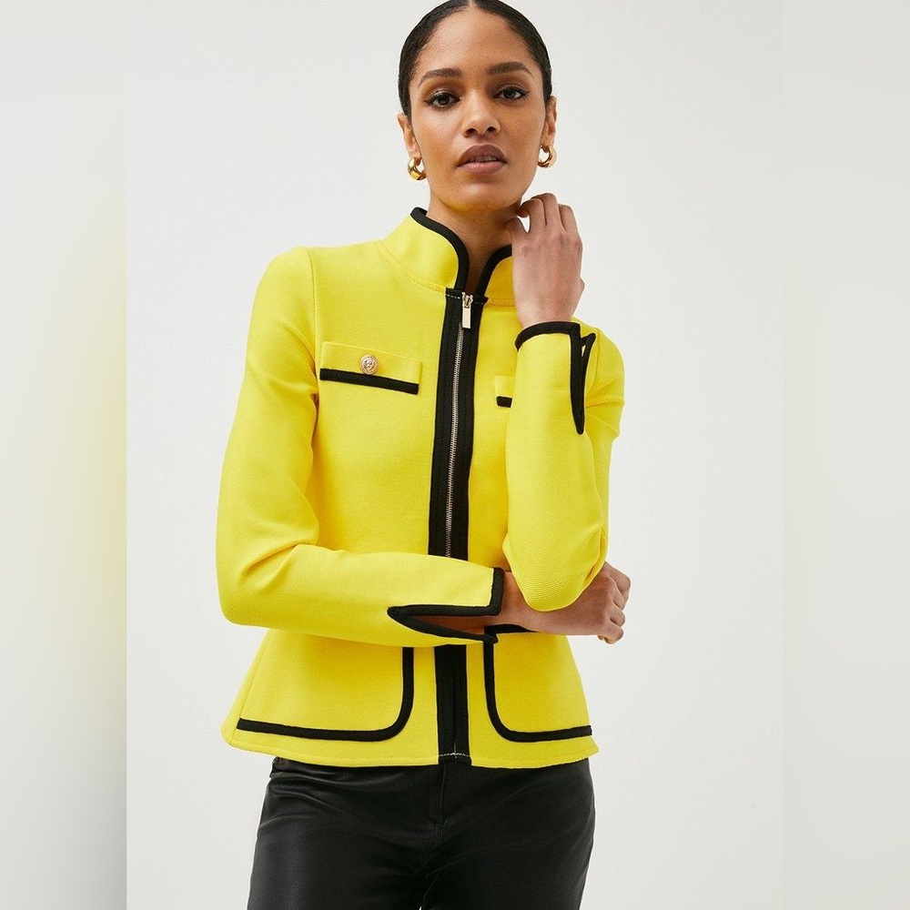 Karen Millen Bright Yellow Fitted Jacket with Black Trim